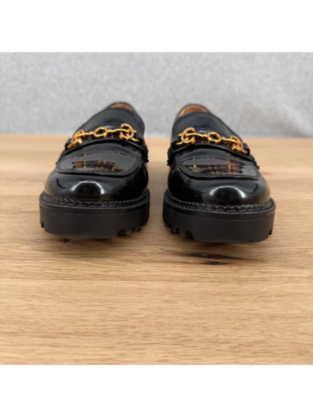 Circus Sam Edelman Ella Lug Sole Loafer Shoe Size 10 Black Patent Gold Platform - Picture 4 of 14